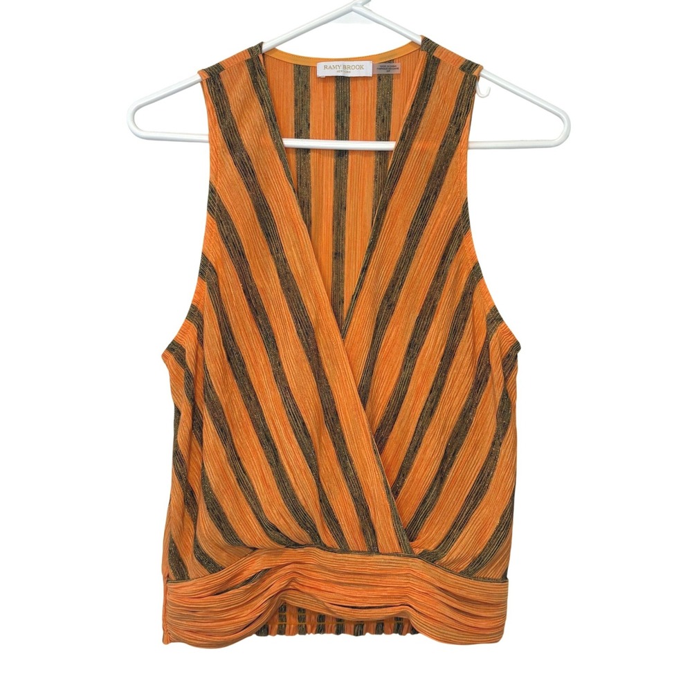 Ramy Brook Orange Metallic Gold Striped Surplice V-Neck Smocked Top Small